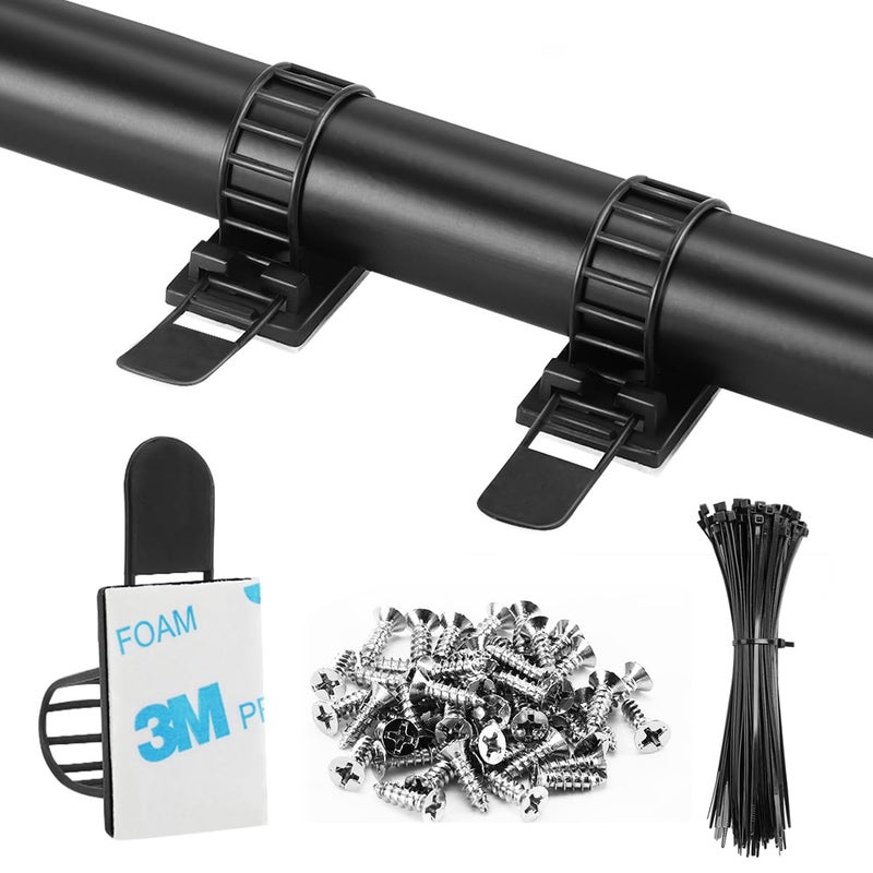 VAMRONE 50Pcs Adhesive Cable Management Clips with 50Pcs Zip Ties, Adjustable Nylon Cable Strap Ties Wire Clips Clamps Organizer with Strong Adhesive Tape, Extra Screw & Hole - 3.35 Inch Black - Image 1
